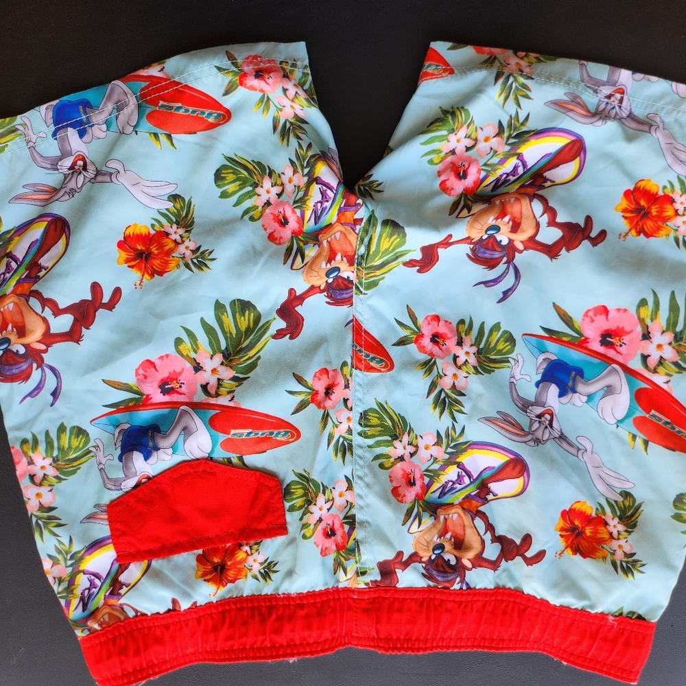 Looney Tunes Bugs Bunny Taz Hawaiian Floral Lined Swim Trunks Mens Size 32